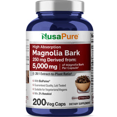 NusaPure Magnolia Bark 20:1 extract bottle and capsules for daily wellness