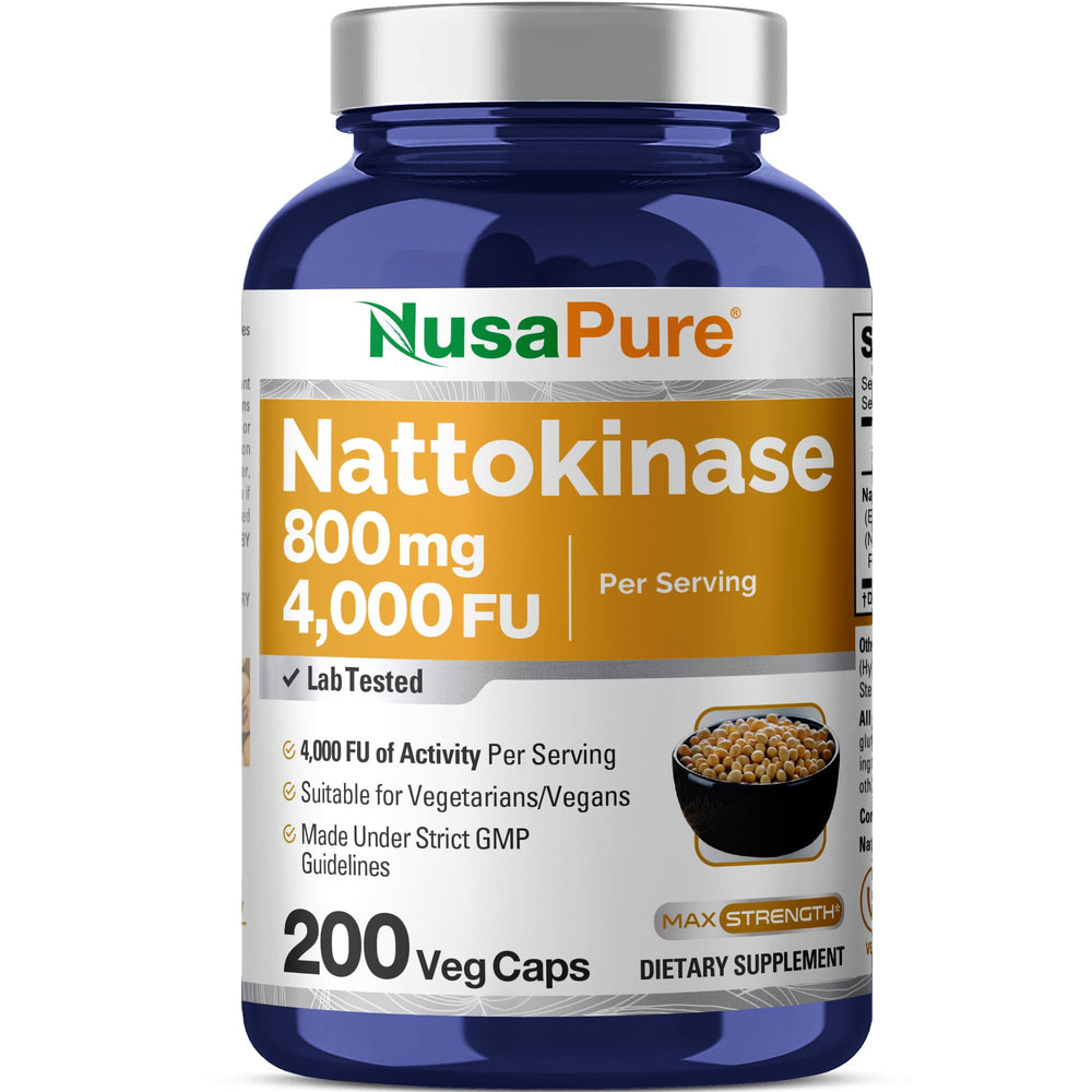 NusaPure Nattokinase bottle front with vegan capsules and clear branding