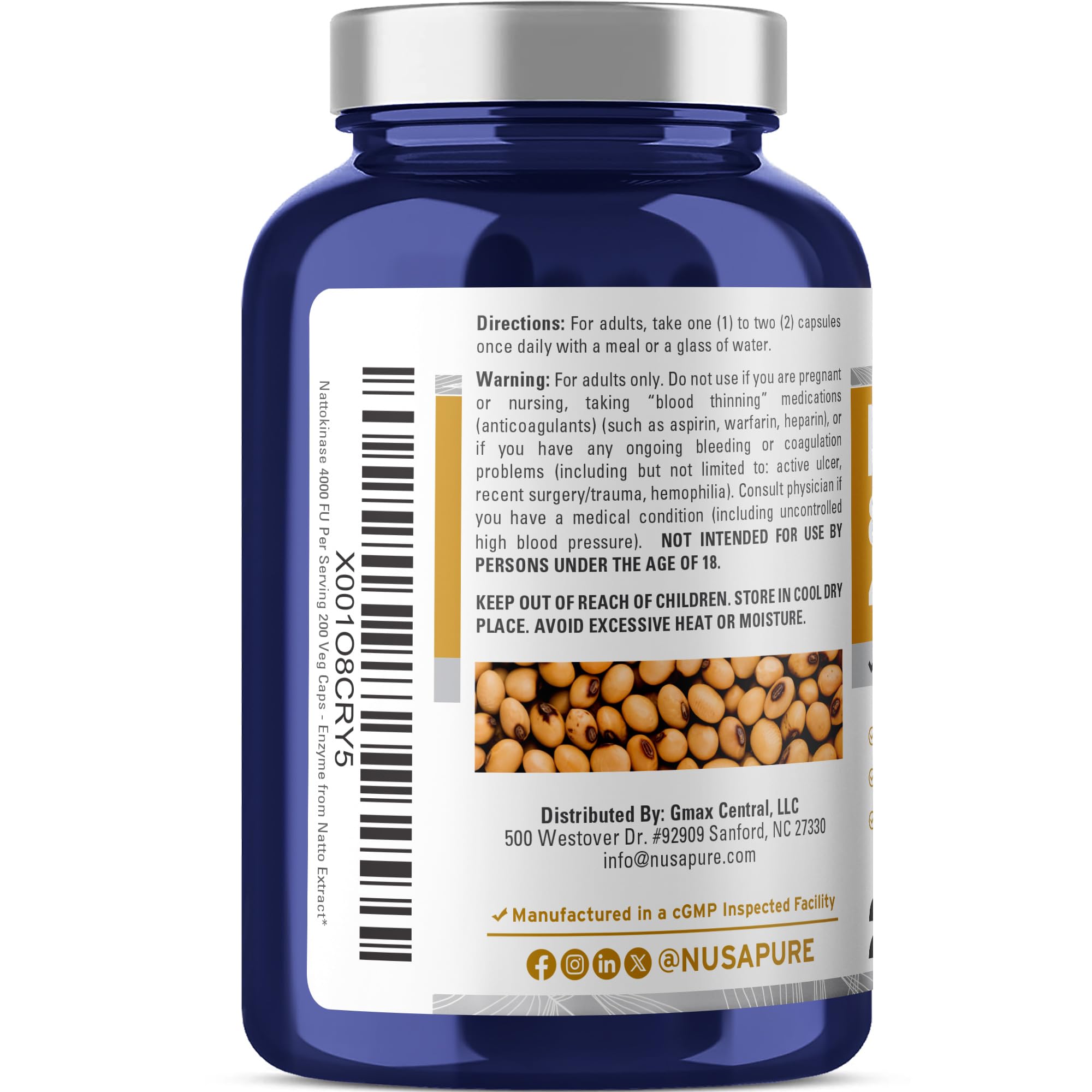 Label detail of NusaPure nattokinase highlighting vegan, non-GMO formulation