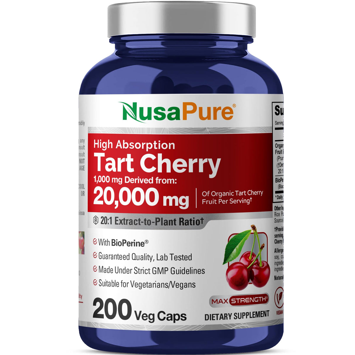 NusaPure Tart Cherry 20:1 bottle promotes daily wellness.