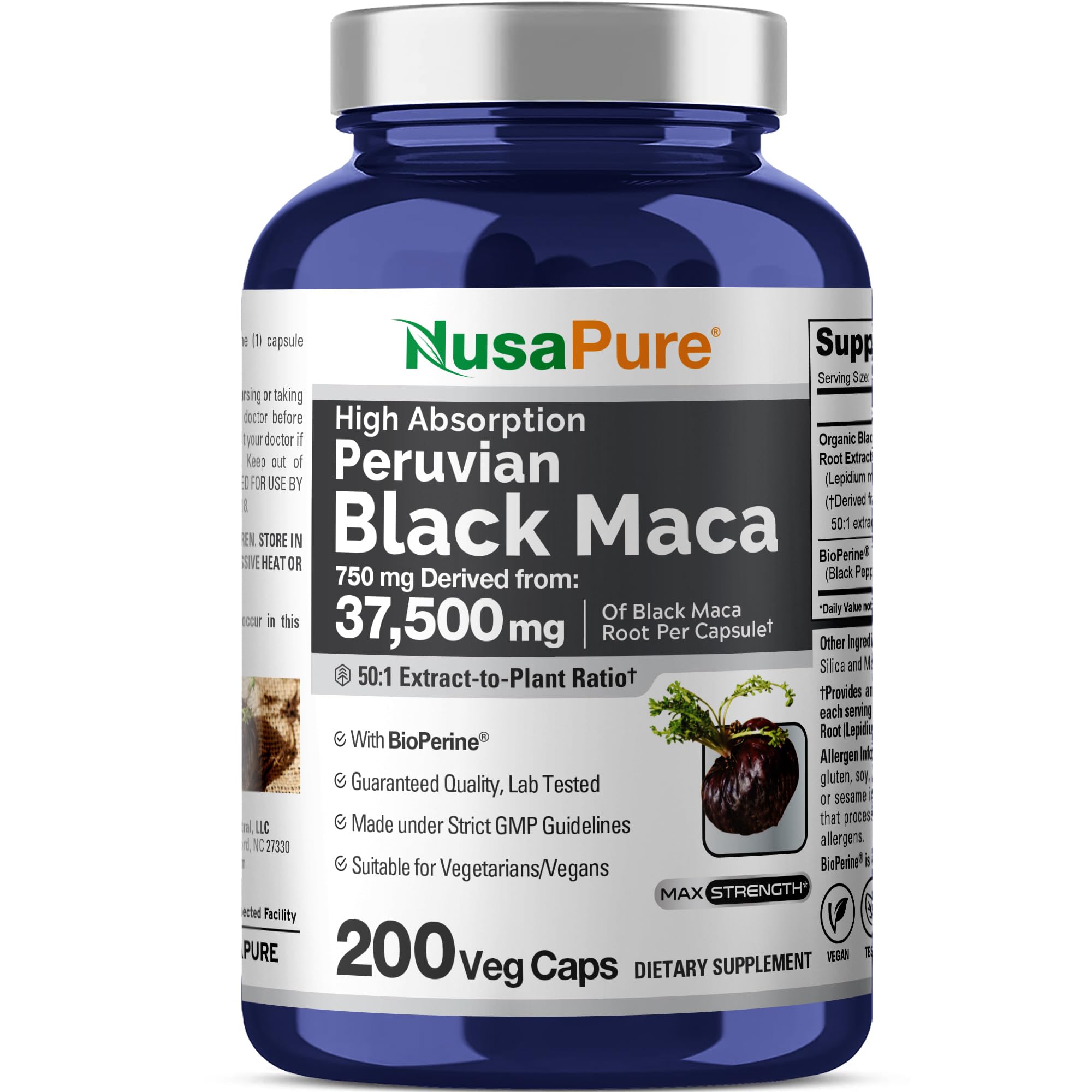NusaPure Peruvian Black Maca 50:1 bottle, vegan-friendly high-potency maca supplement.