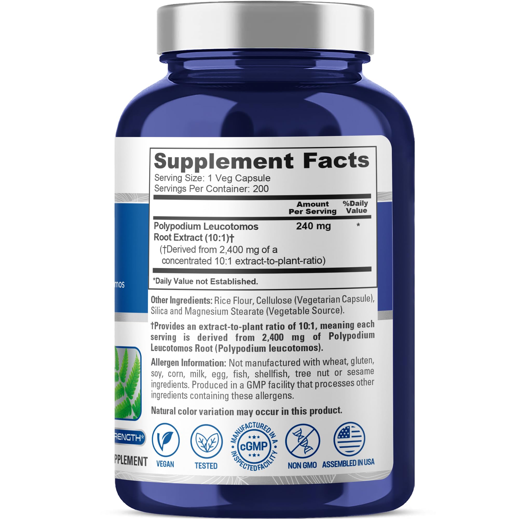 NusaPure Polypodium Leucotomos capsules close-up highlighting 10:1 extract potency