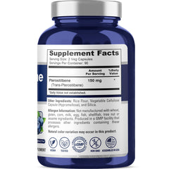 Close-up of NusaPure Pterostilbene 150mg bottle and label highlighting vegan formula.