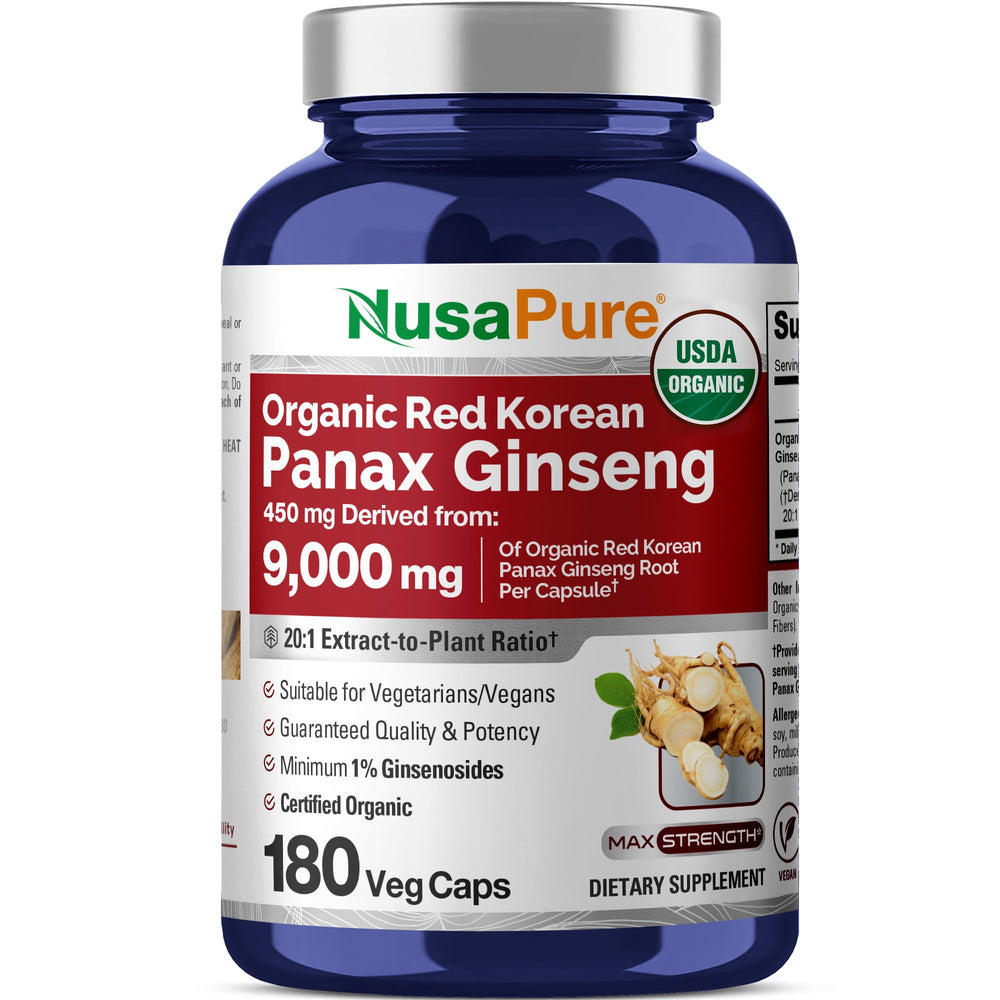 NusaPure Red Korean Panax Ginseng bottle front view with 20:1 extract for daily vitality.