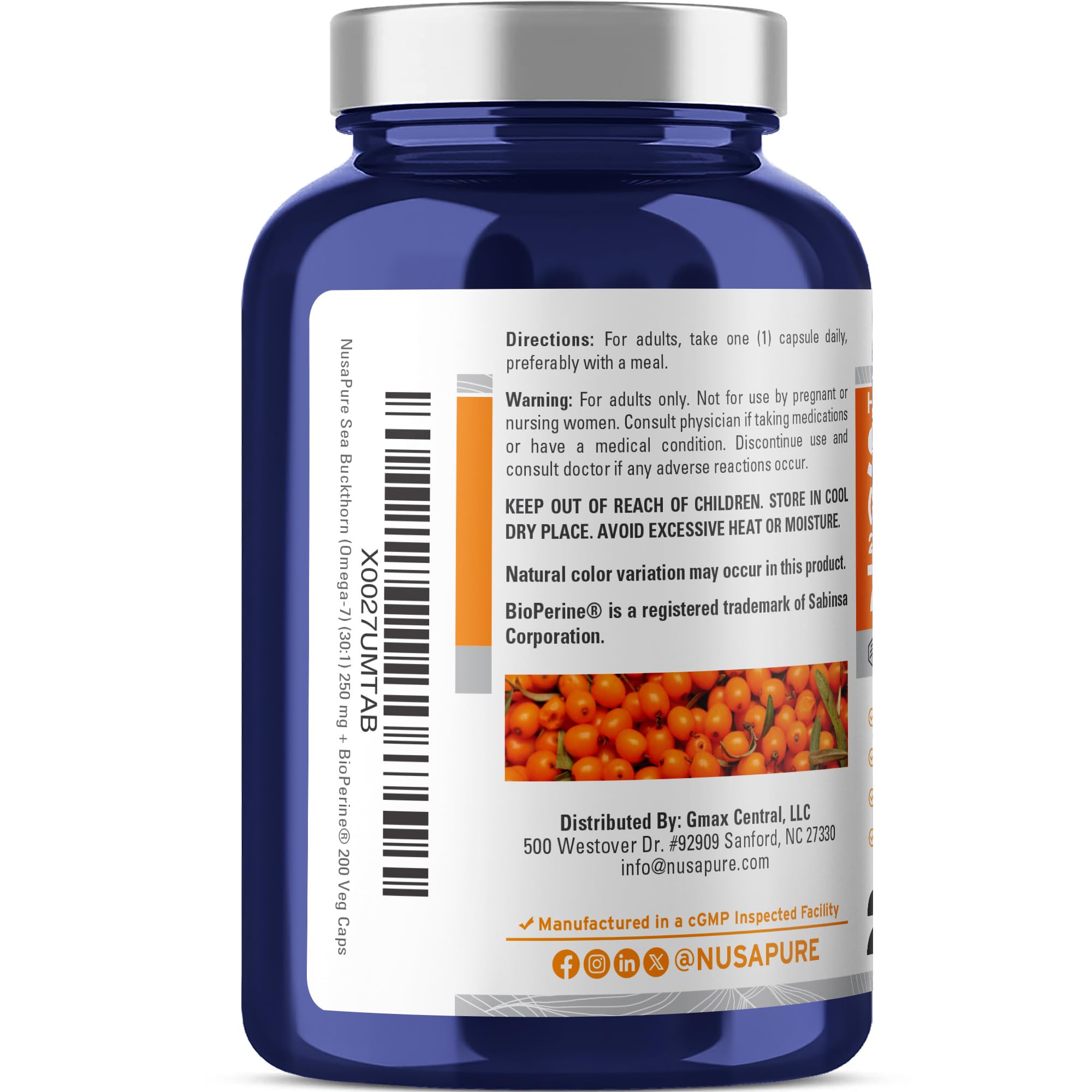 NusaPure Sea Buckthorn Omega-7 label detail emphasizing extract potency
