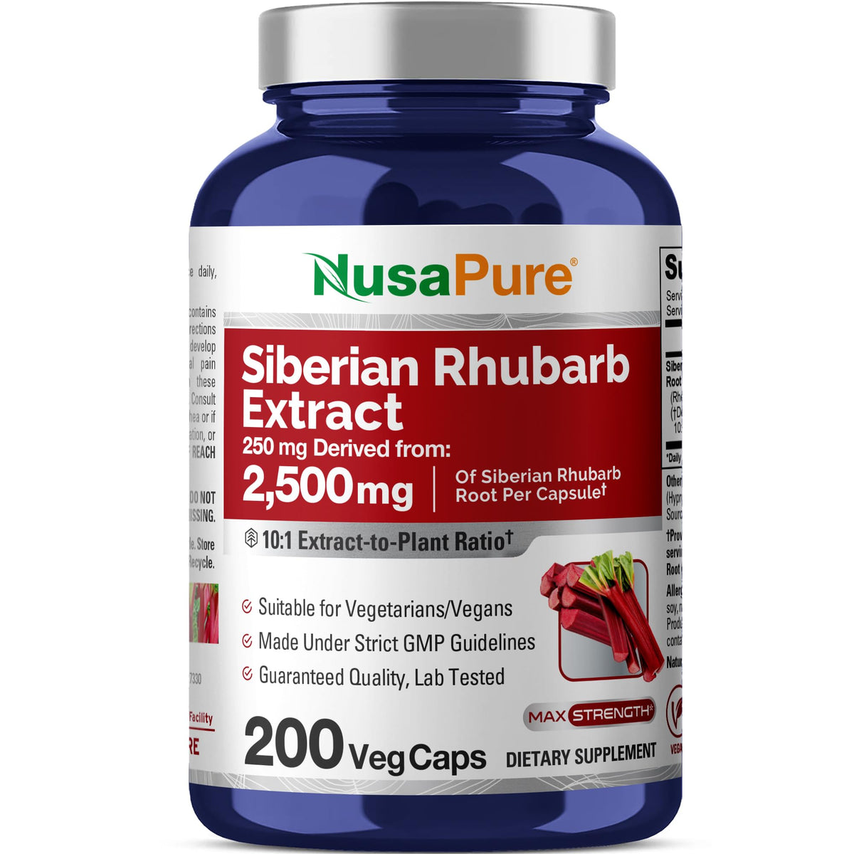 NusaPure Siberian Rhubarb 10:1 extract bottle, high-potency daily supplement.