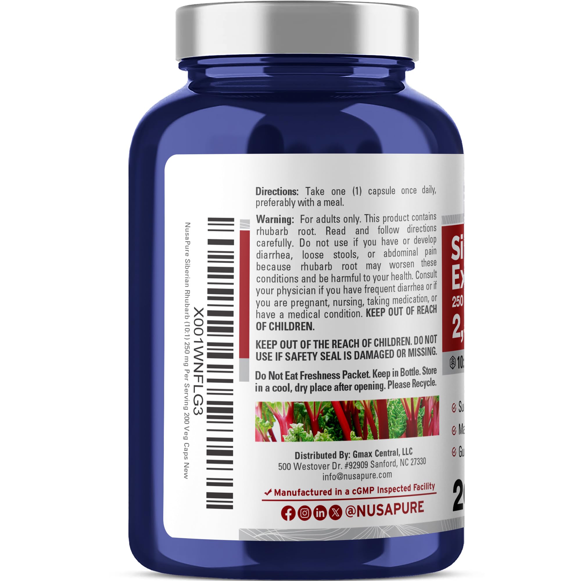 NusaPure Siberian Rhubarb bottle pour capsules, convenient daily dose.