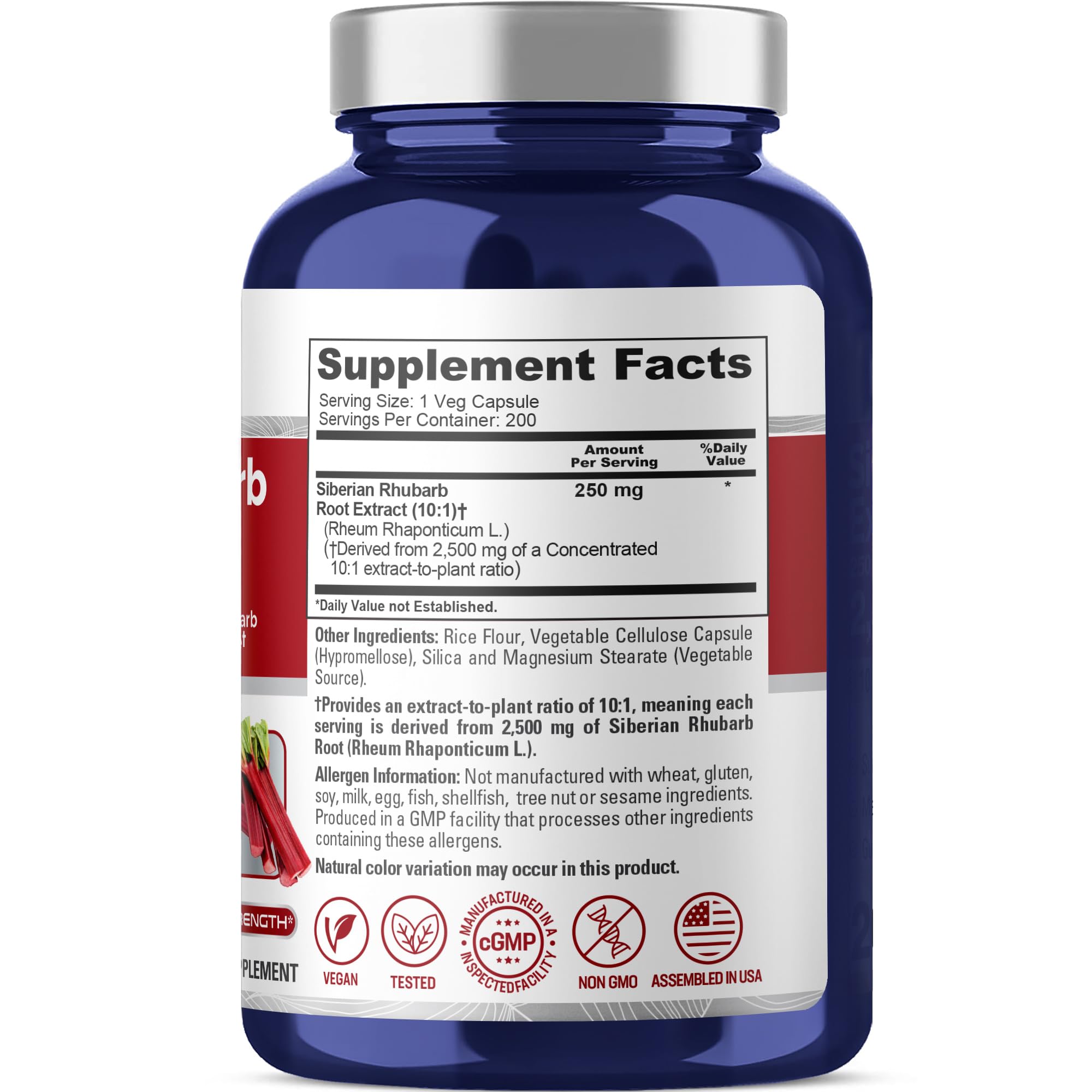 NusaPure Siberian Rhubarb capsules close-up, vegetarian friendly.