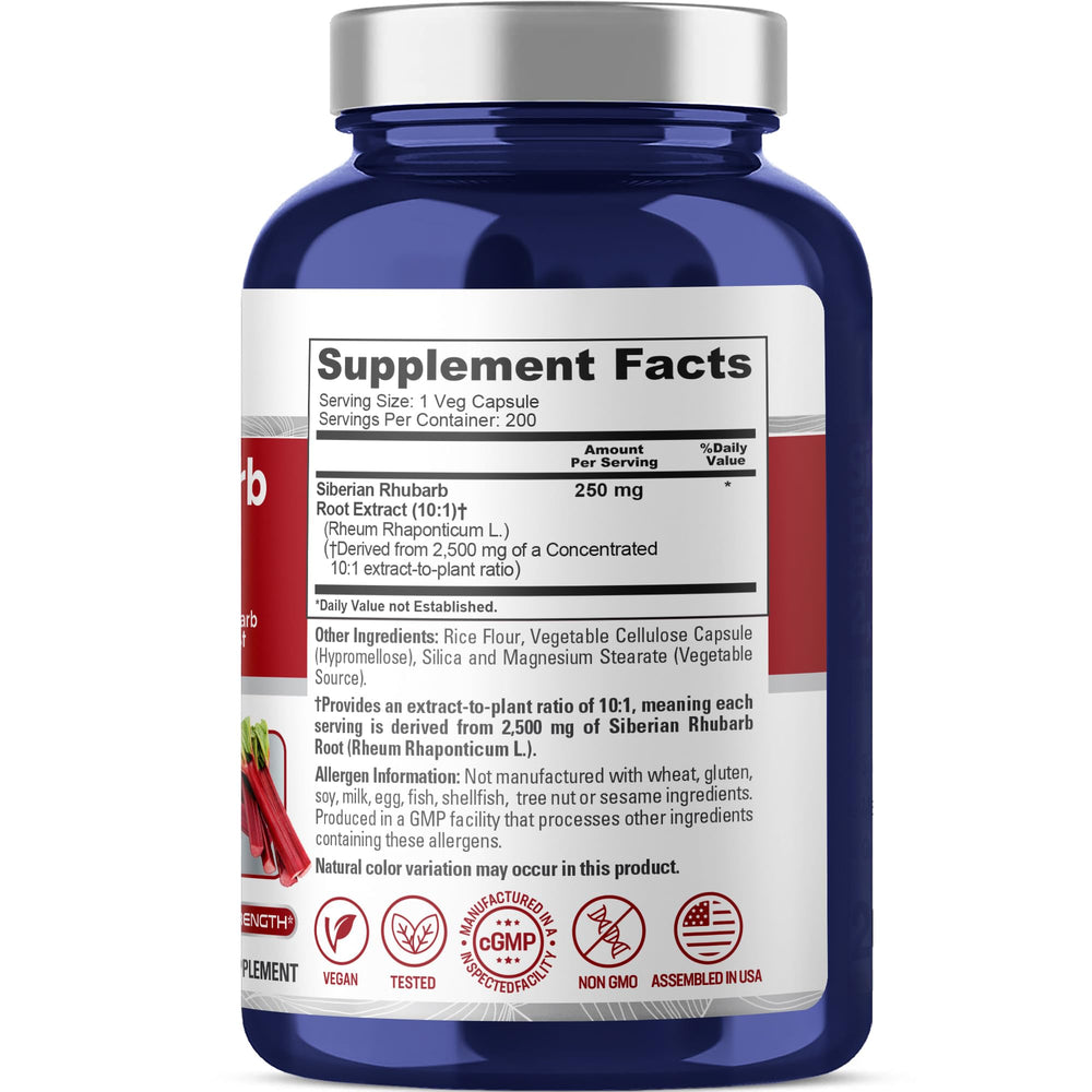 NusaPure Siberian Rhubarb capsules close-up, vegetarian friendly.