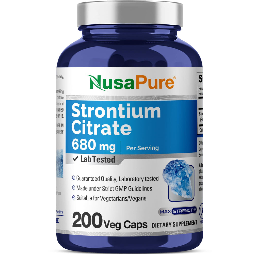 NusaPure Strontium Citrate bottle with 200 vegan capsules for daily use