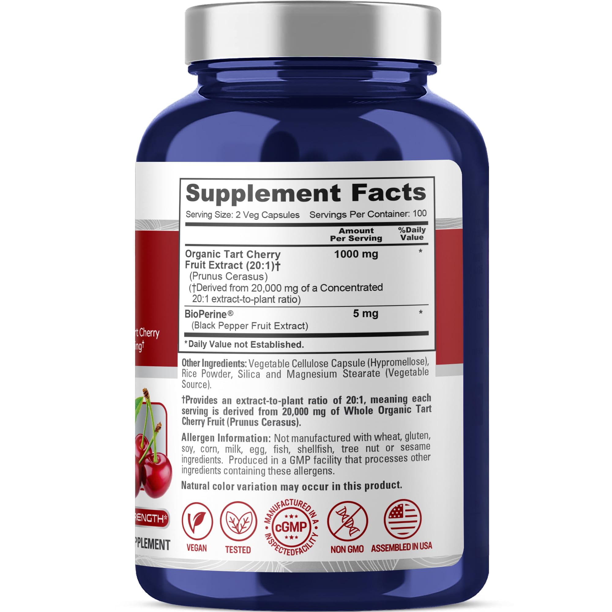 NusaPure Tart Cherry 20:1 capsules close-up shows vegan capsules.