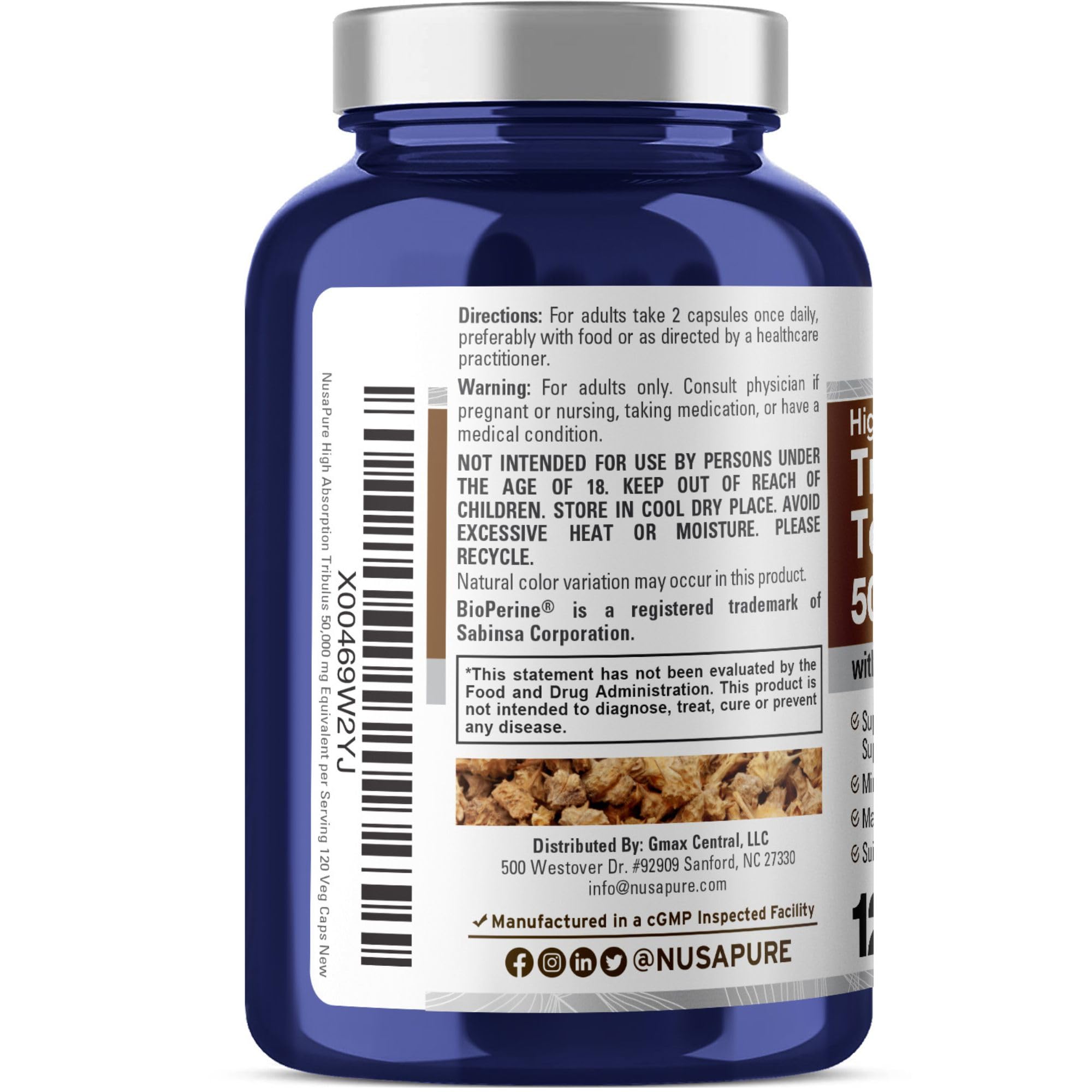 Label highlights 50:1 extract and Bioperine for absorption