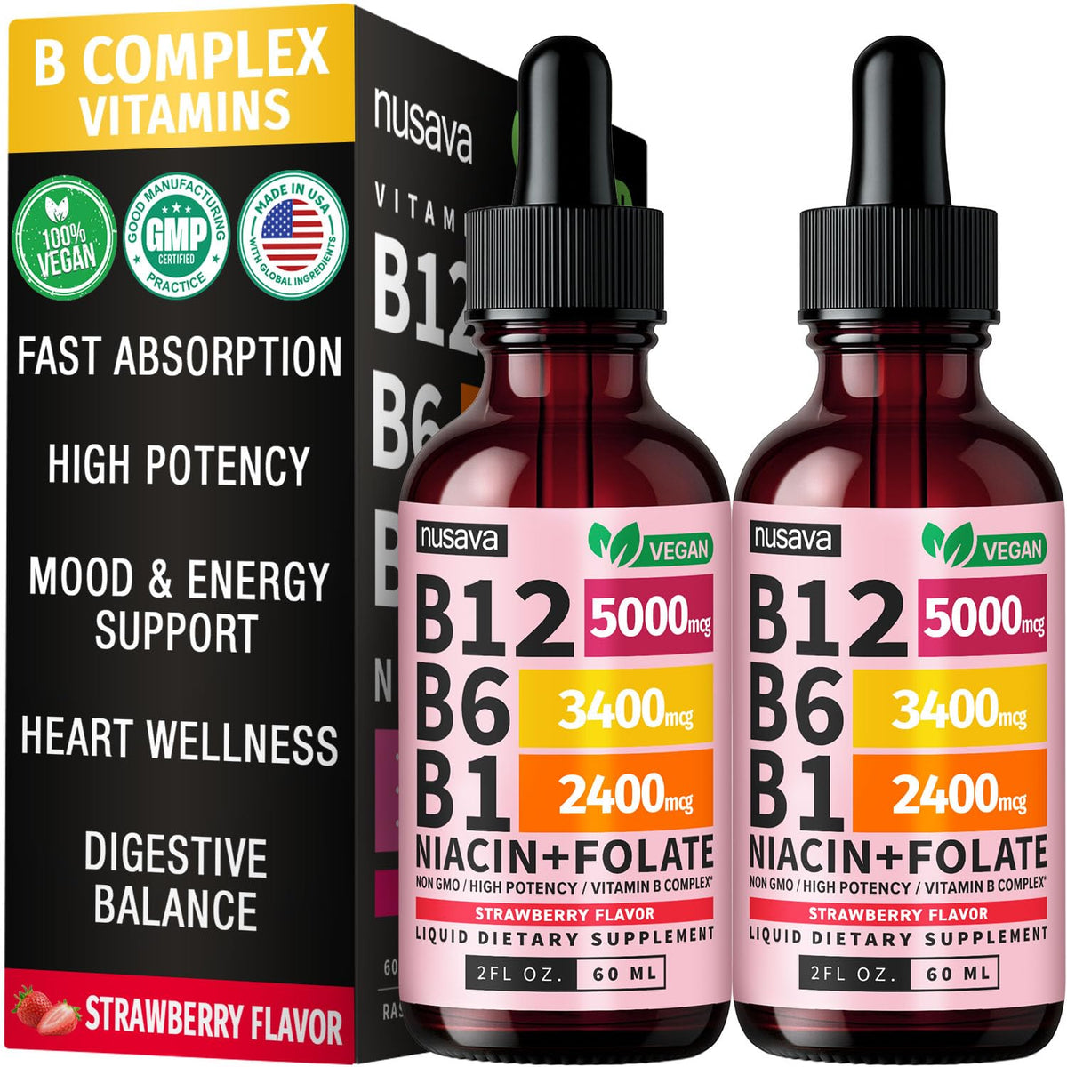 Nusava Vitamin B12 drops bottle showing high potency for daily energy support