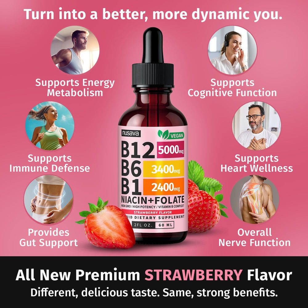 Nusava B12 drops being poured for easy dosing and quick use