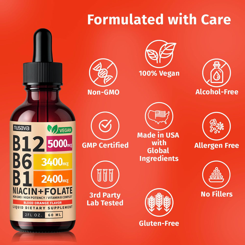 Crimson orange liquid from NUSAVA B12 drops in bottle