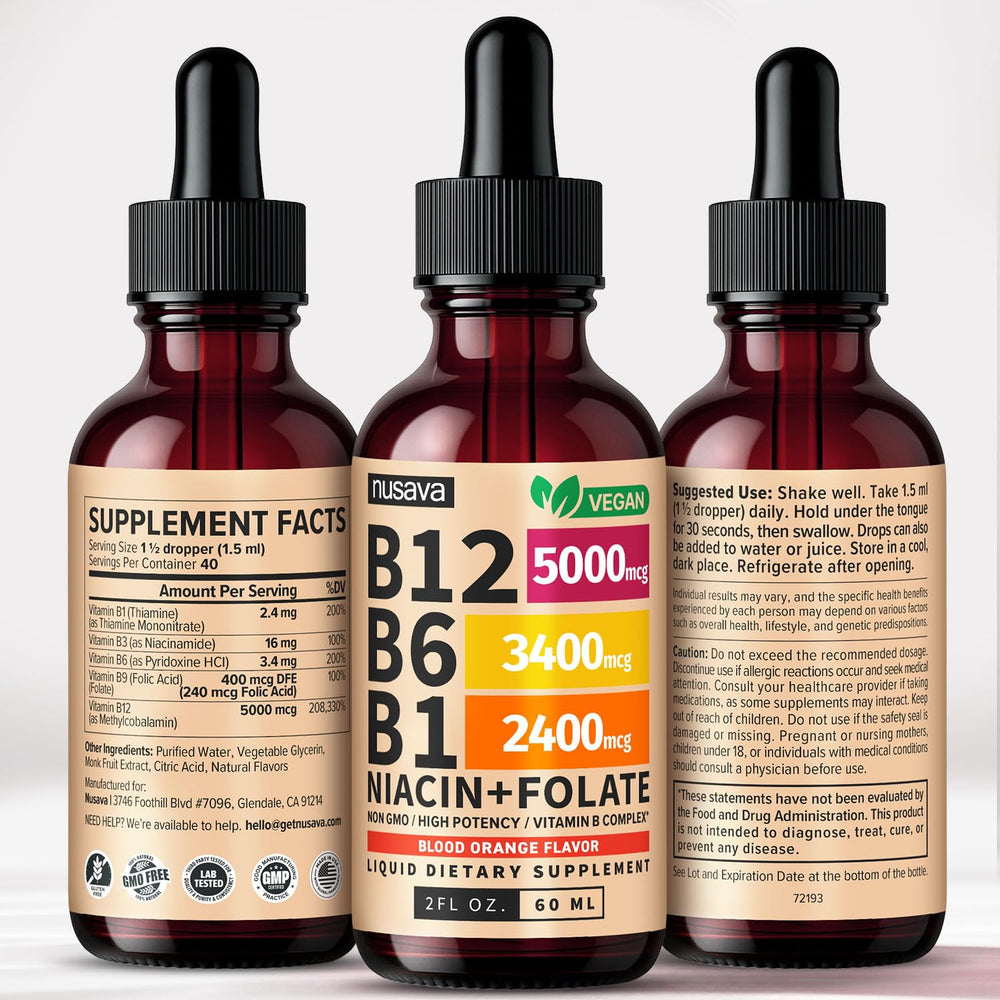 Vegan, non-GMO and gluten-free symbols on NUSAVA B12 drops label