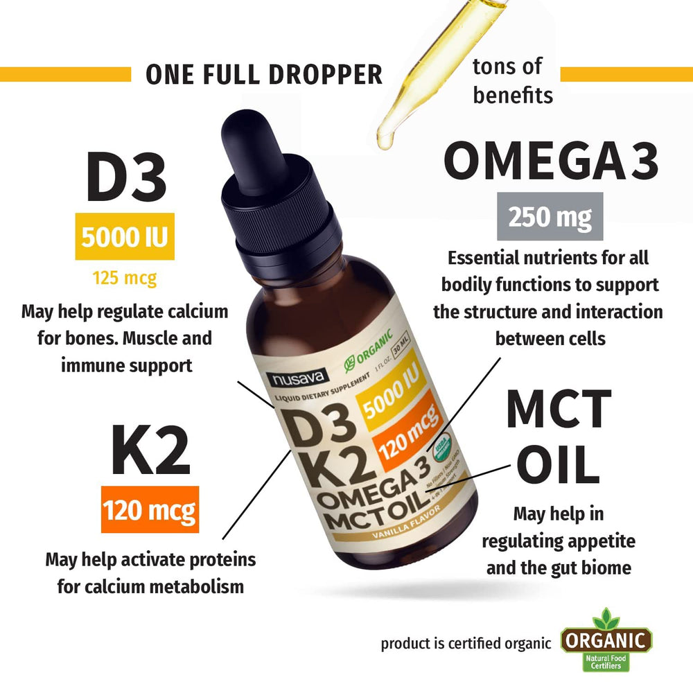 Close-up of D3K2 label and organic ingredient list on bottle.
