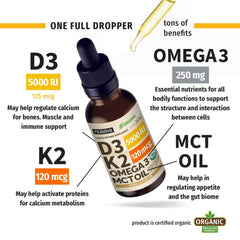 Close-up of D3K2 label and organic ingredient list on bottle.