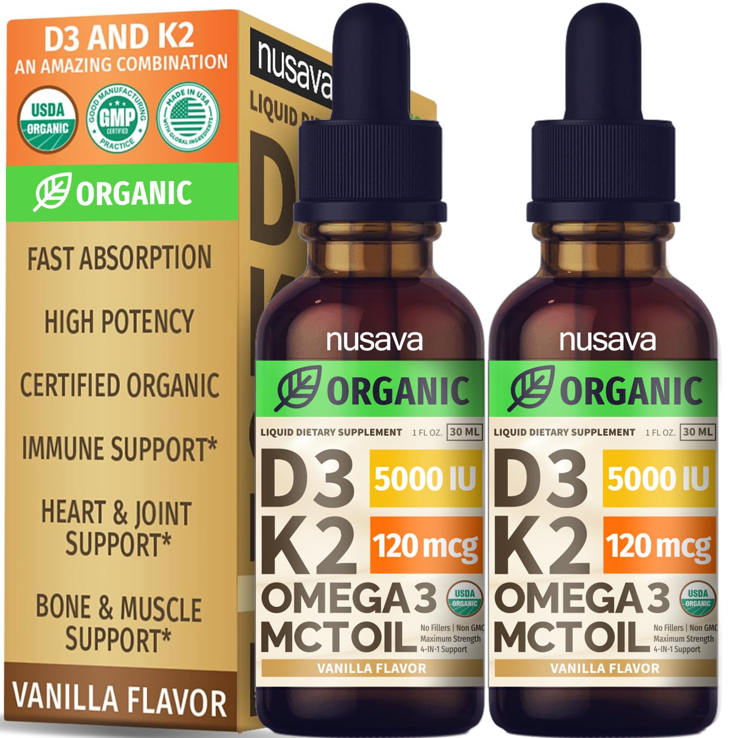 NUSAVA D3K2 Drops bottle front with vanilla flavor for fast absorption.