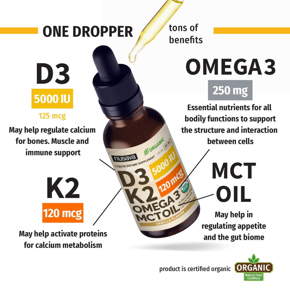 NUSAVA Vanilla-flavored D3K2 drops for easy daily use.