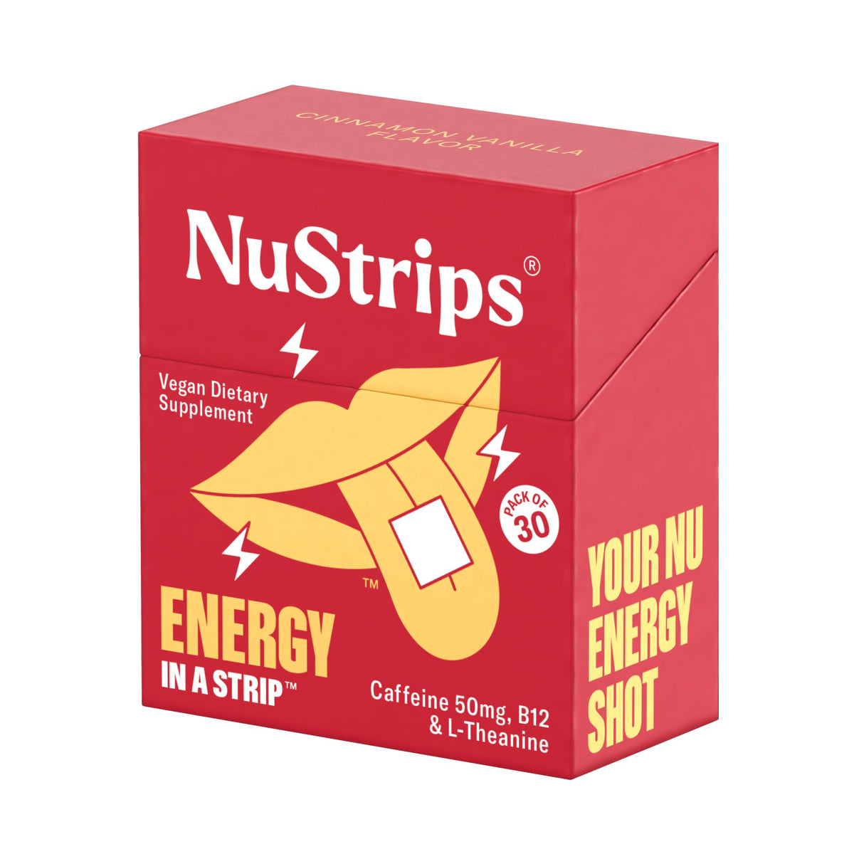 NuStrips energy strip open showing cinnamon vanilla flavor for a quick uplift.