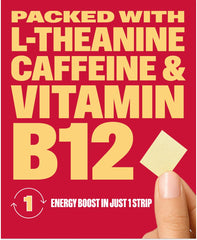 NuStrips strip dissolving on tongue delivers caffeine and L-Theanine for steady focus.