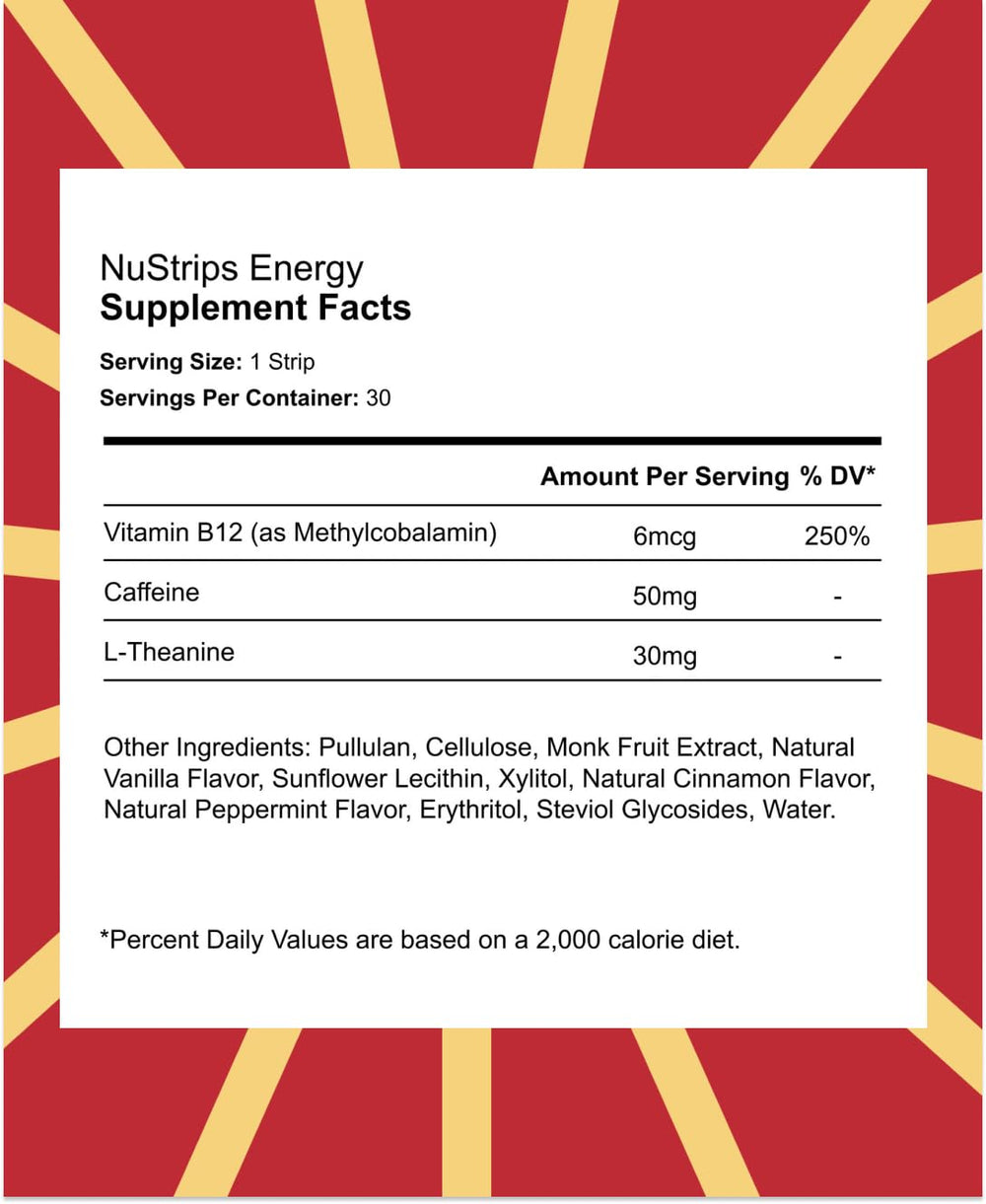 NuStrips vegan vitamin B12 icon highlights plant-based energy support.