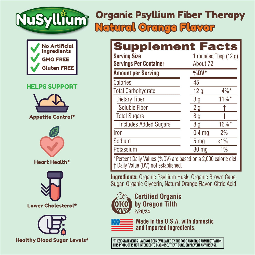 Orange-flavored NuSyllium powder dissolves easily in water.