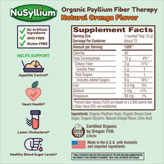 Orange-flavored NuSyllium powder dissolves easily in water.