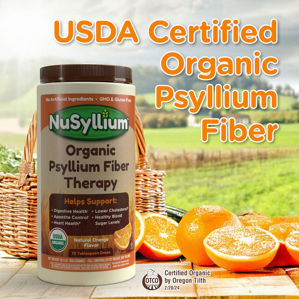Rounded tablespoon scoop measuring NuSyllium for daily fiber.