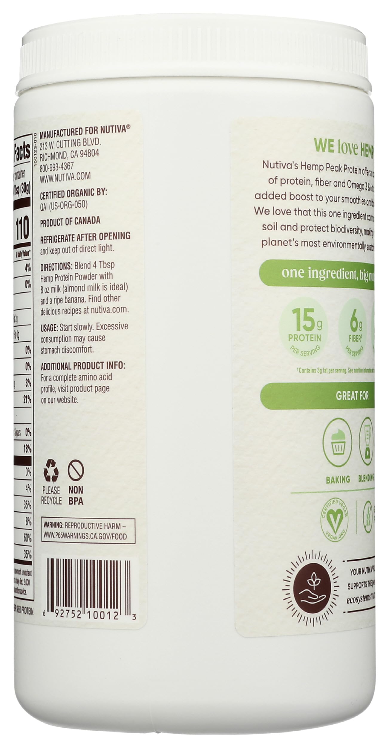 Nutiva hemp protein powder bag, ready for shakes, baking, and more.
