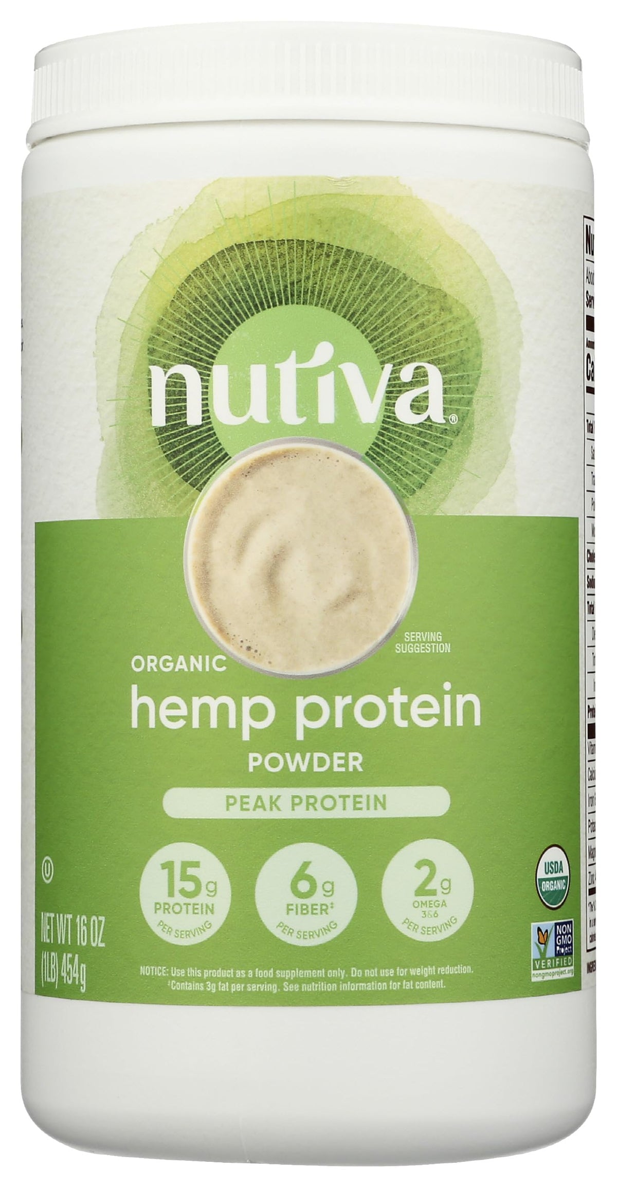 Nutiva hemp protein powder in a jar, perfect for smoothies.