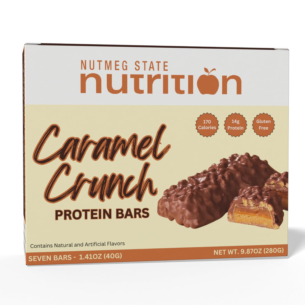 Nutmeg State Nutrition caramel crunch bar packaging for on-the-go snacking