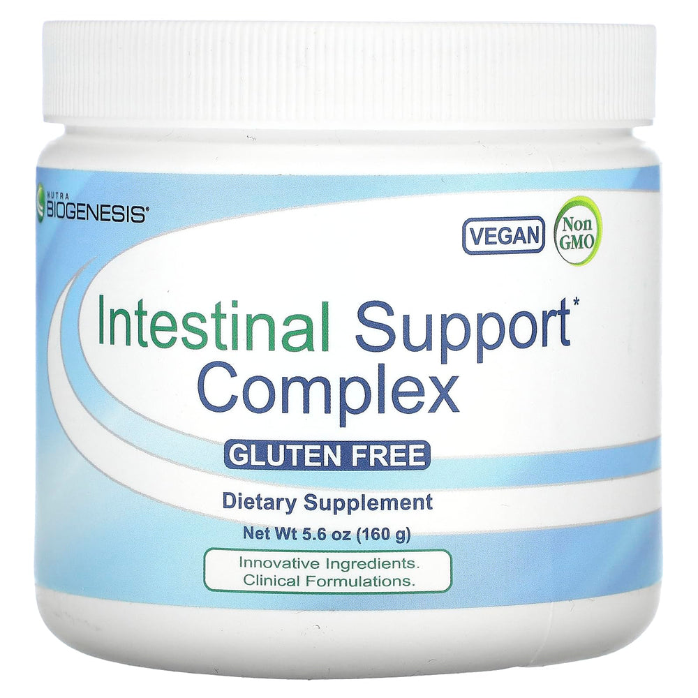 Nutra BioGenesis intestinal support powder bottle promotes gut health and comfort