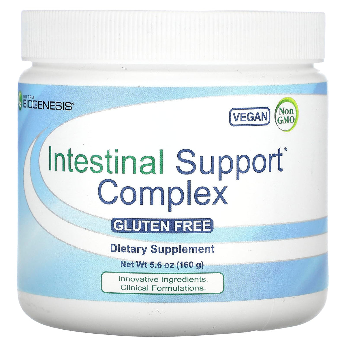 Nutra BioGenesis intestinal support powder bottle promotes gut health and comfort