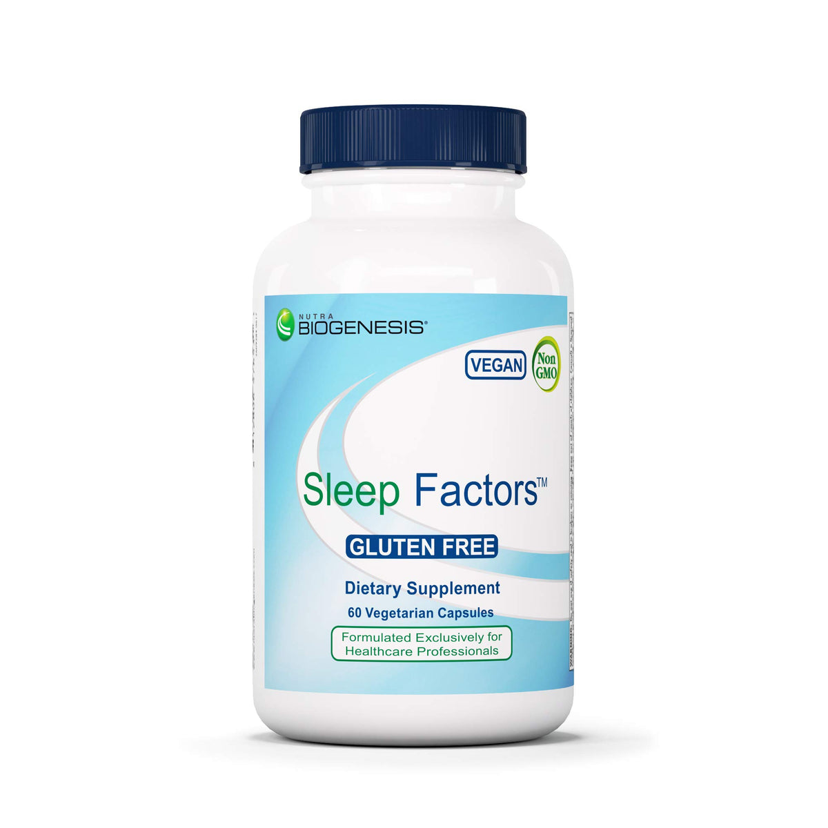 Nutra Biogenesis Sleep Factors bottle on a bedside table, supporting a calm night routine.