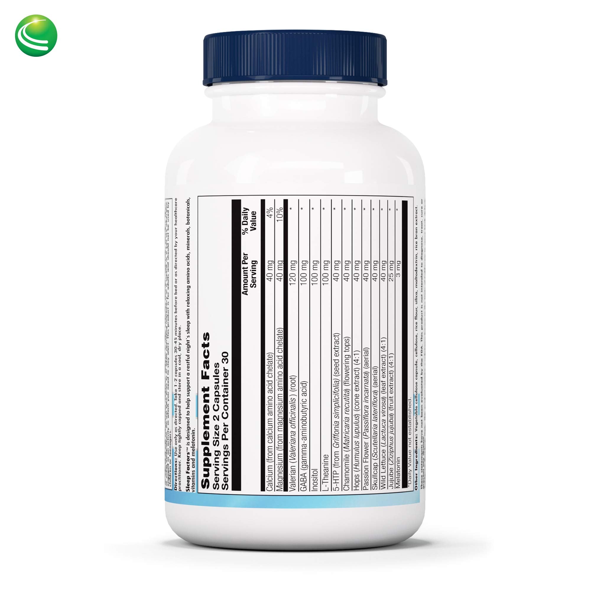 Close-up of Sleep Factors capsules, convenient vegan capsules for nightly relaxation.