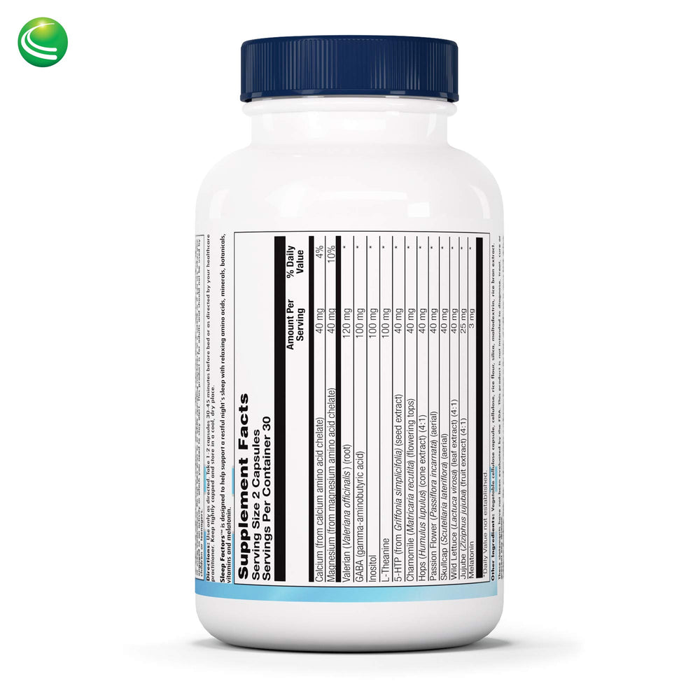 Close-up of Sleep Factors capsules, convenient vegan capsules for nightly relaxation.
