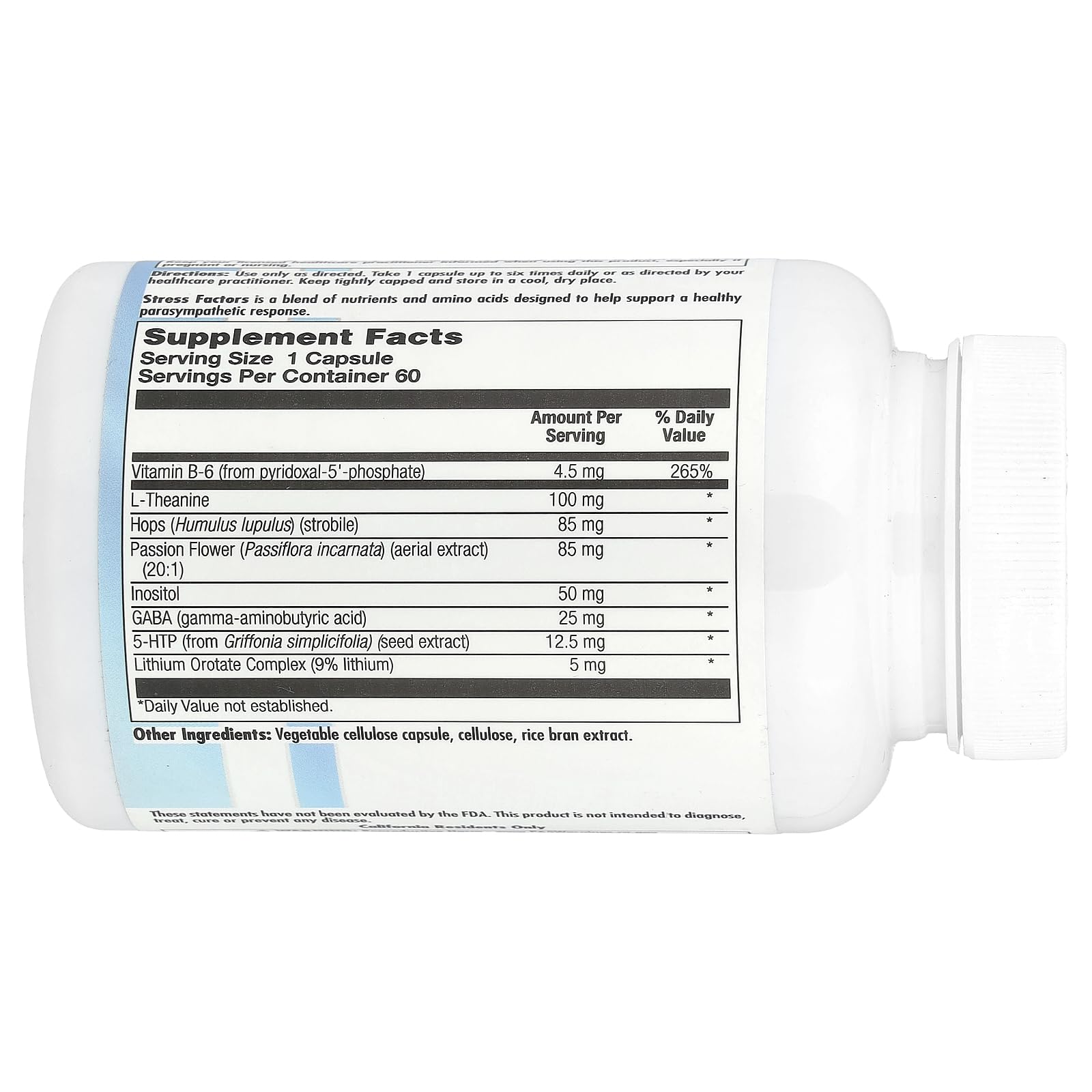 Nutra BioGenesis Stress Factors bottle back highlighting ingredients for daily wellness support