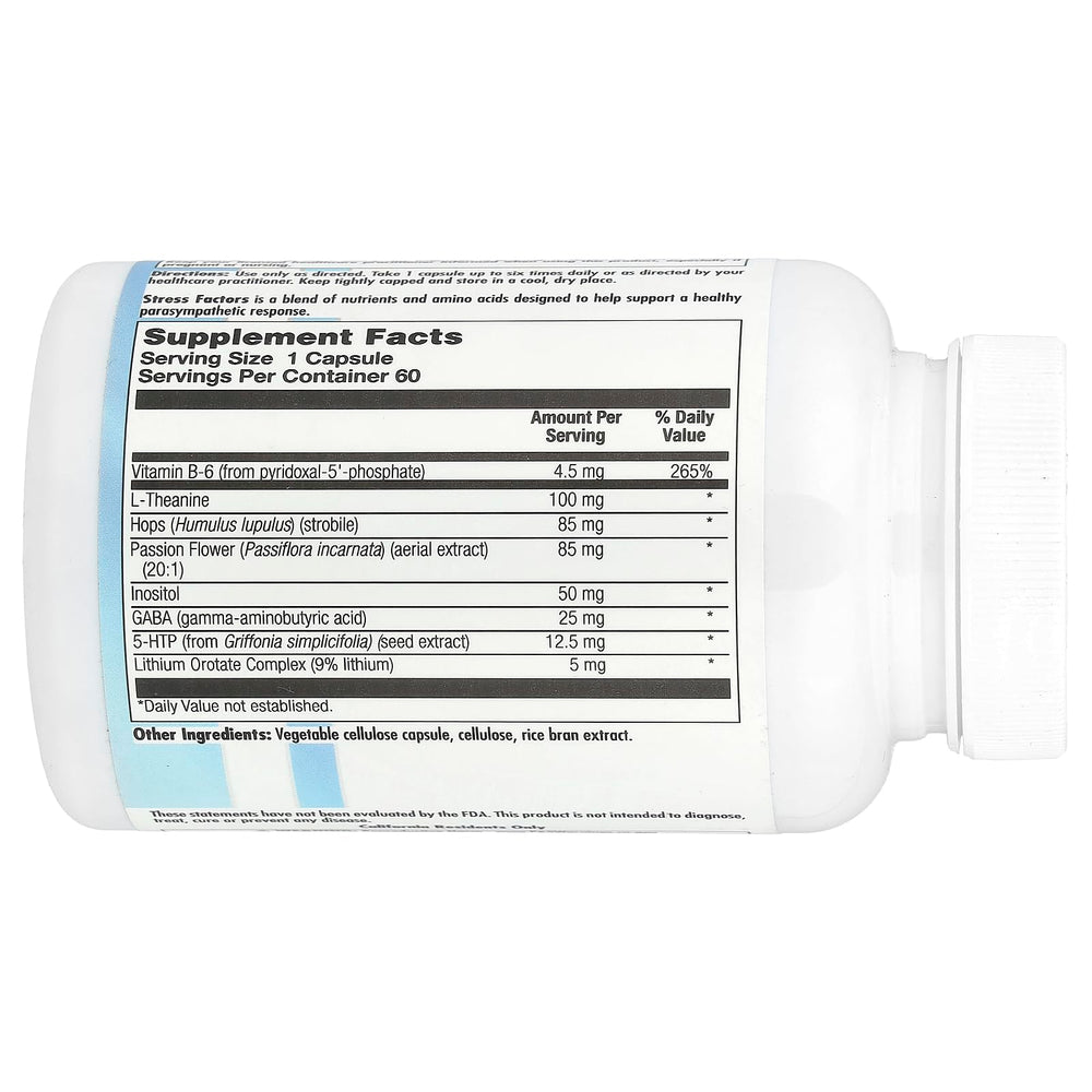 Nutra BioGenesis Stress Factors bottle back highlighting ingredients for daily wellness support