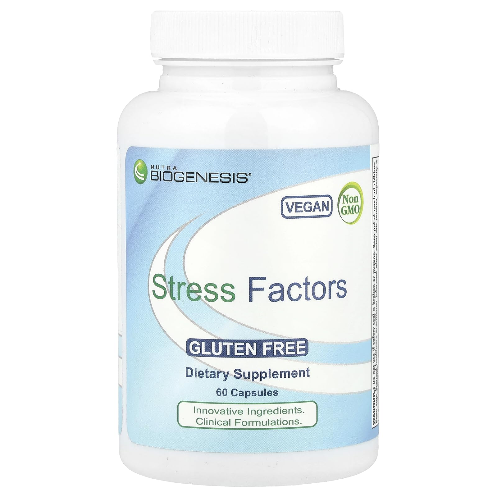 Nutra BioGenesis Stress Factors bottle front showing calming support benefits