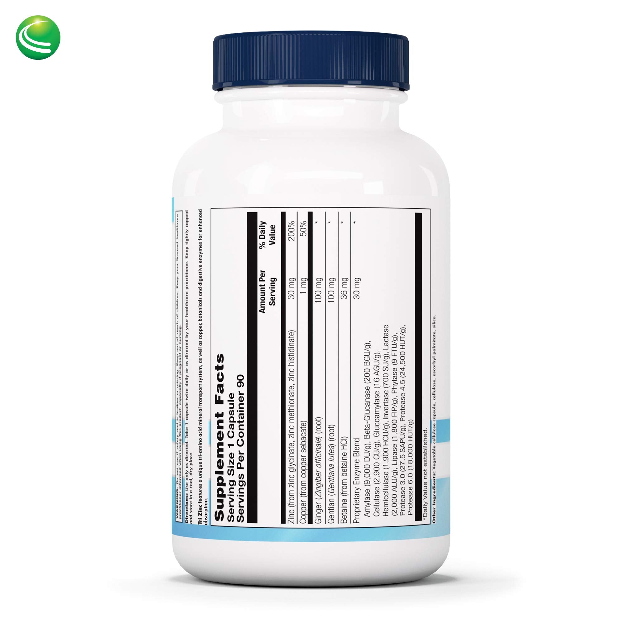 Nutra Biogenesis Tri Zinc bottle back label highlighting zinc chelate and copper balance
