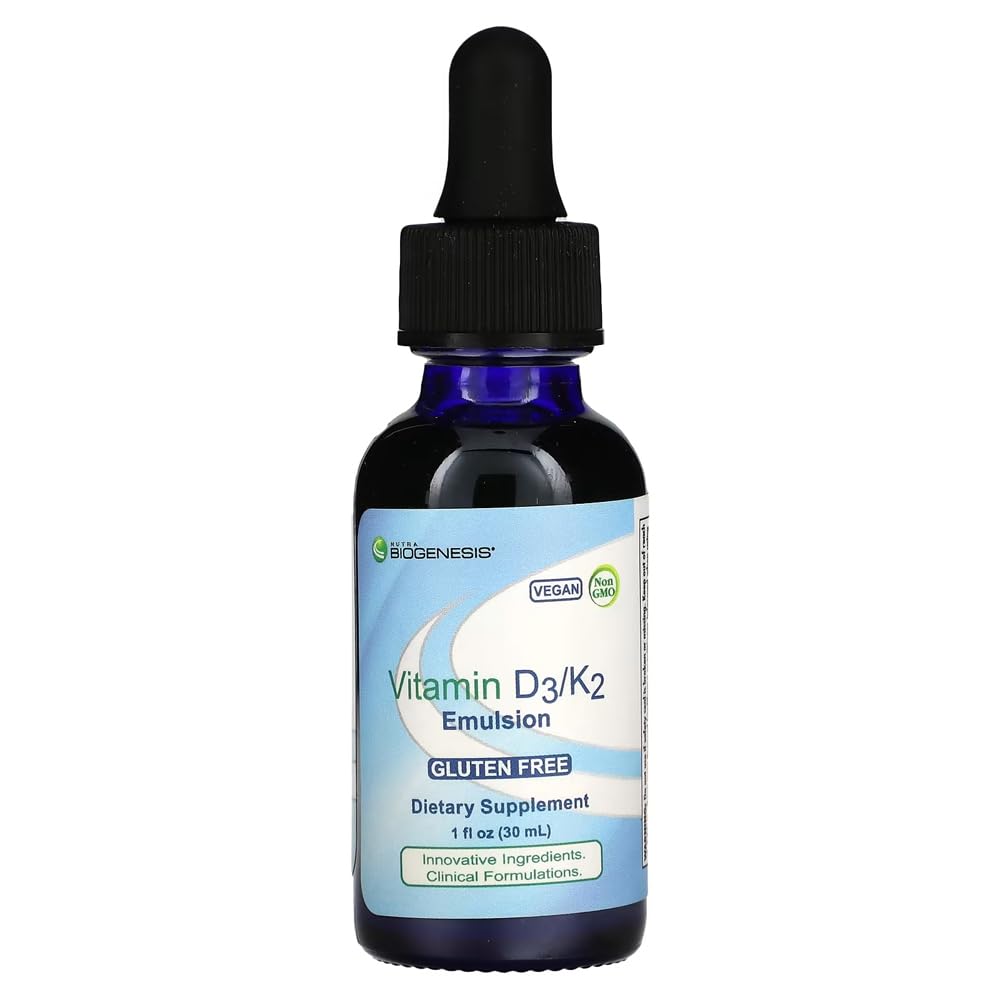 Nutra BioGenesis Vitamin D3/K2 emulsion bottle supports daily bone health and immune function.