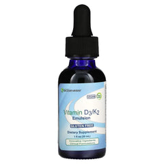 Nutra BioGenesis Vitamin D3/K2 emulsion bottle supports daily bone health and immune function.
