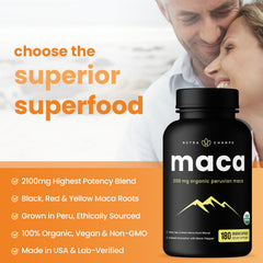 NutraChamps maca blend of black, red and yellow roots on packaging