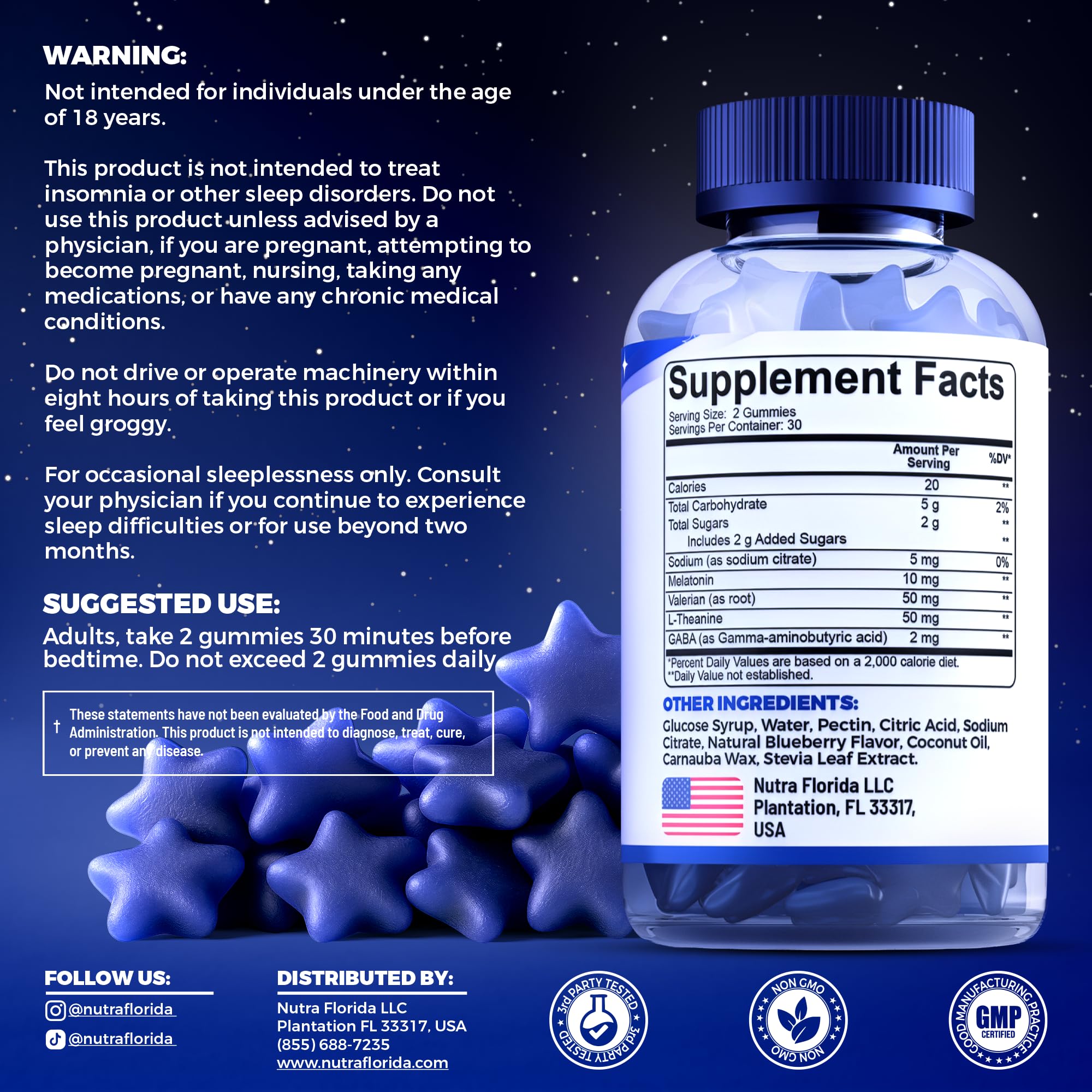 Nutra Florida Melatonin Gummies bottle label close-up highlighting vegan and non-GMO features