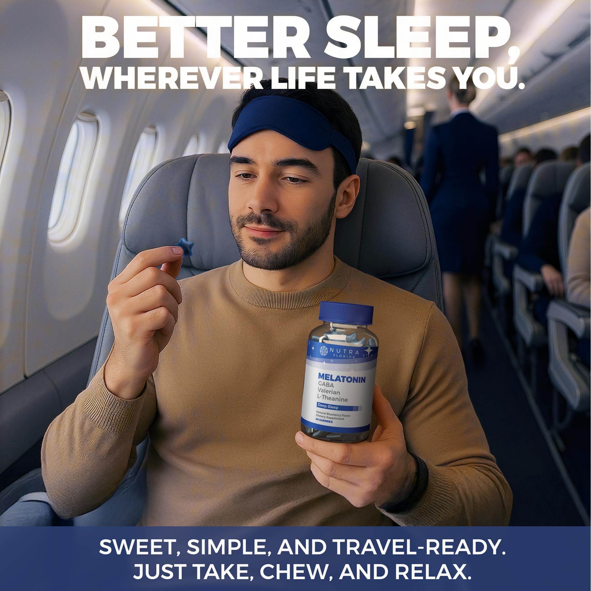 Nutra Florida Melatonin Gummies nighttime scene suggesting a restful sleep routine