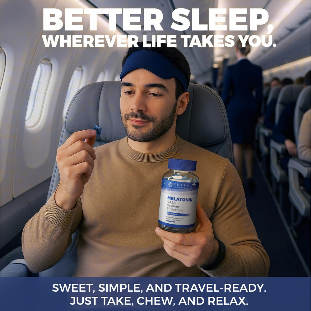 Nutra Florida Melatonin Gummies nighttime scene suggesting a restful sleep routine