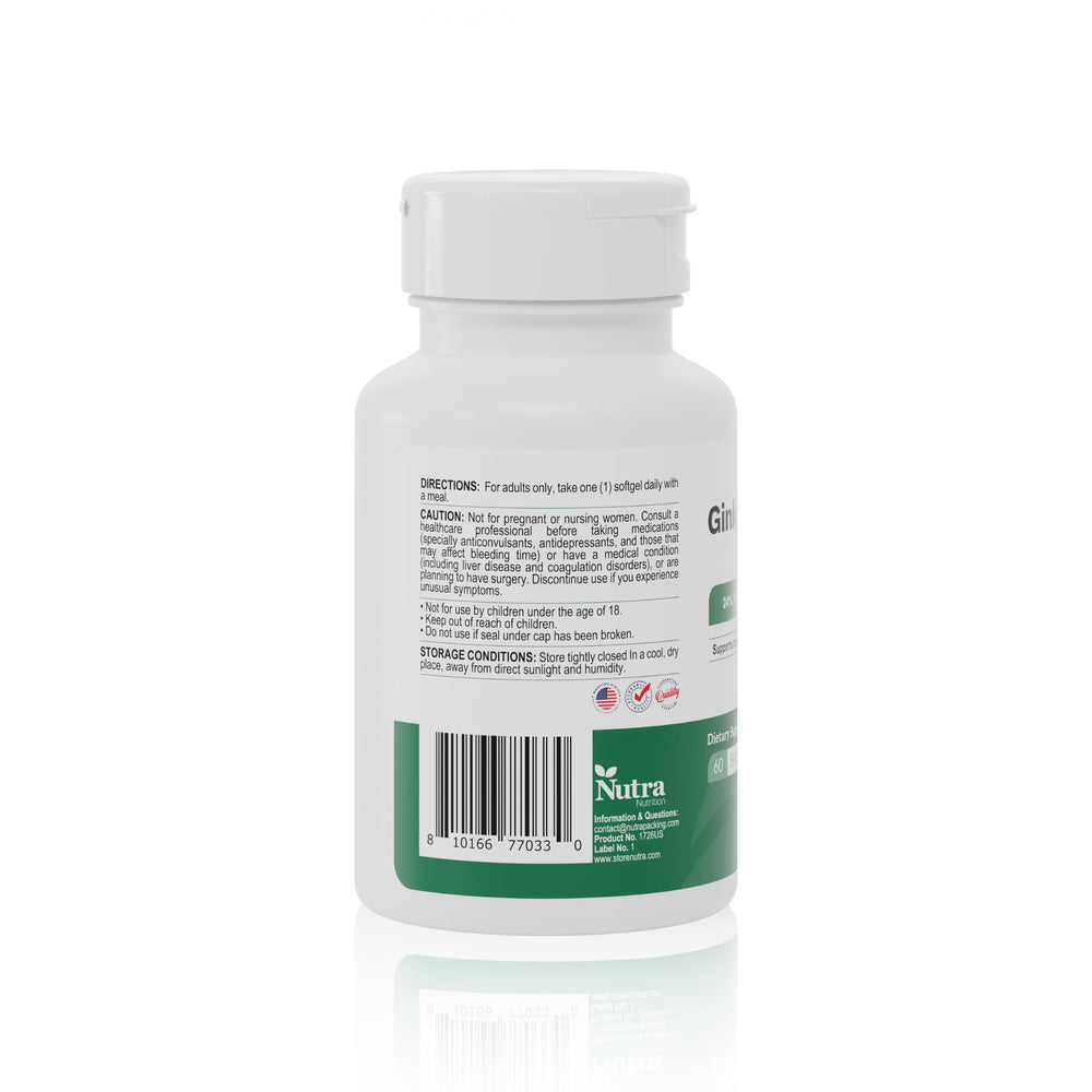 Nutra Nutrition Ginkgo Biloba bottle indicating cognitive support benefits.