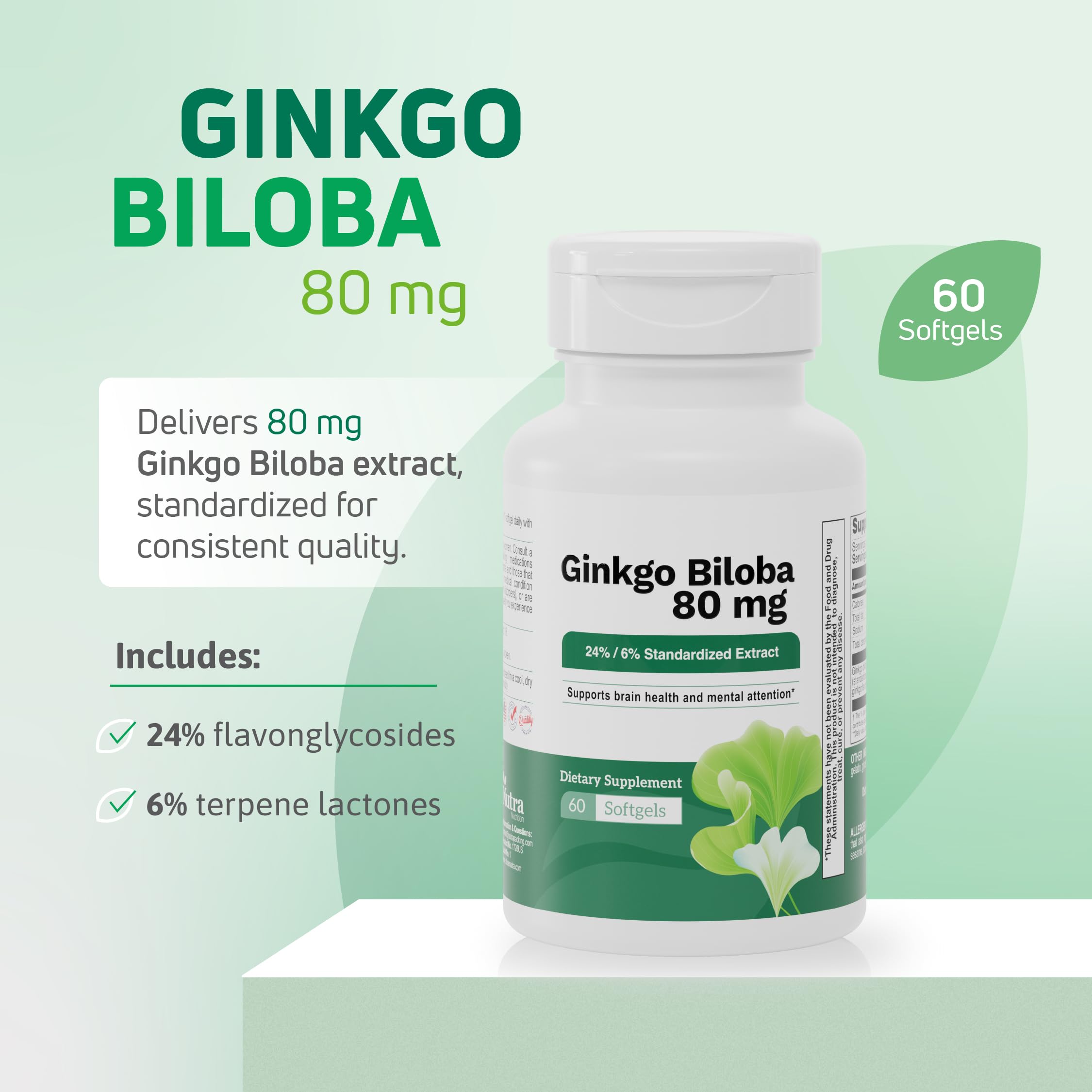 Nutra Nutrition Ginkgo Biloba label highlighting gluten-free and non-GMO.
